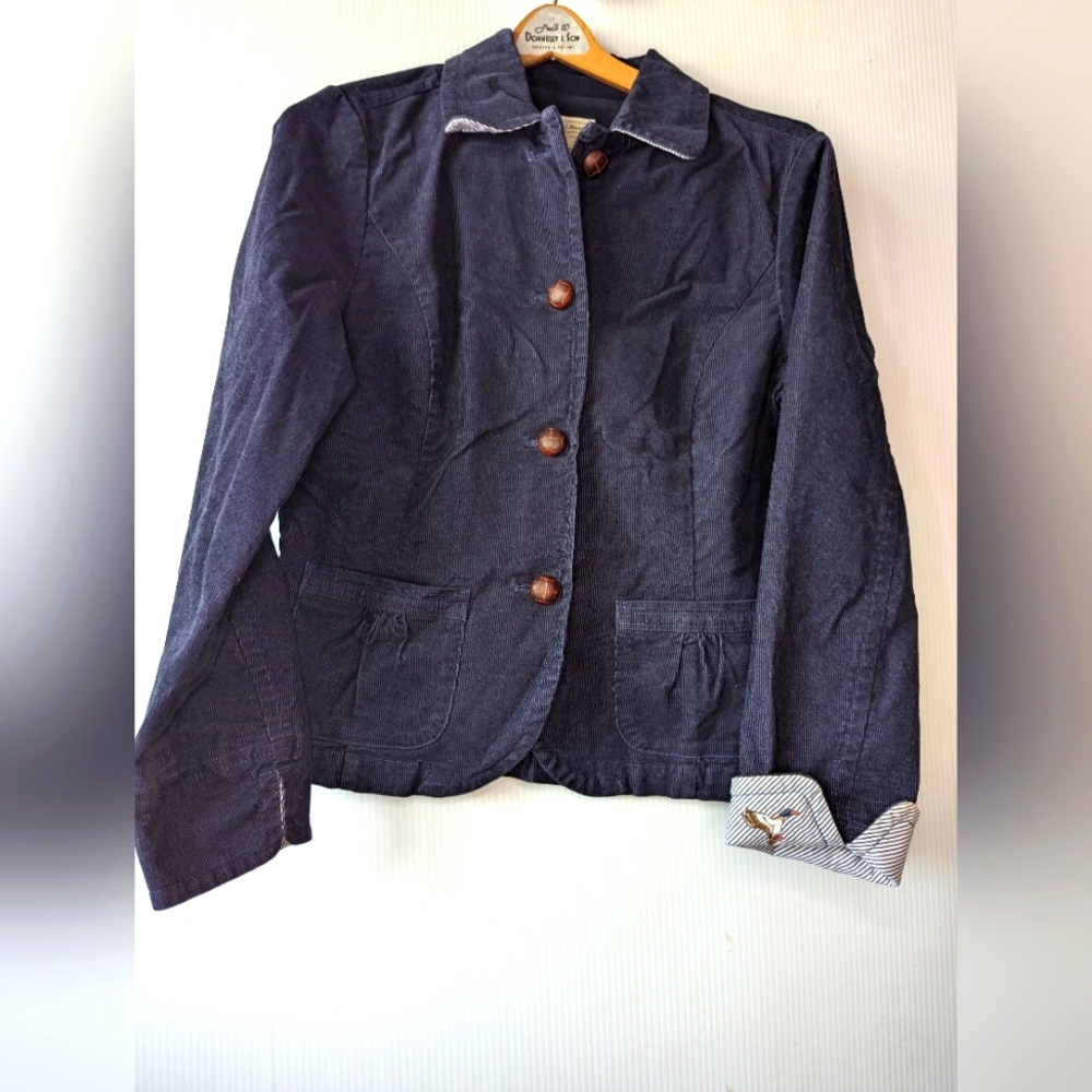 LLBean Womens 12 Corduroy Blazer  Navy Blue Jacket Embroidery Railroad StripeVTG